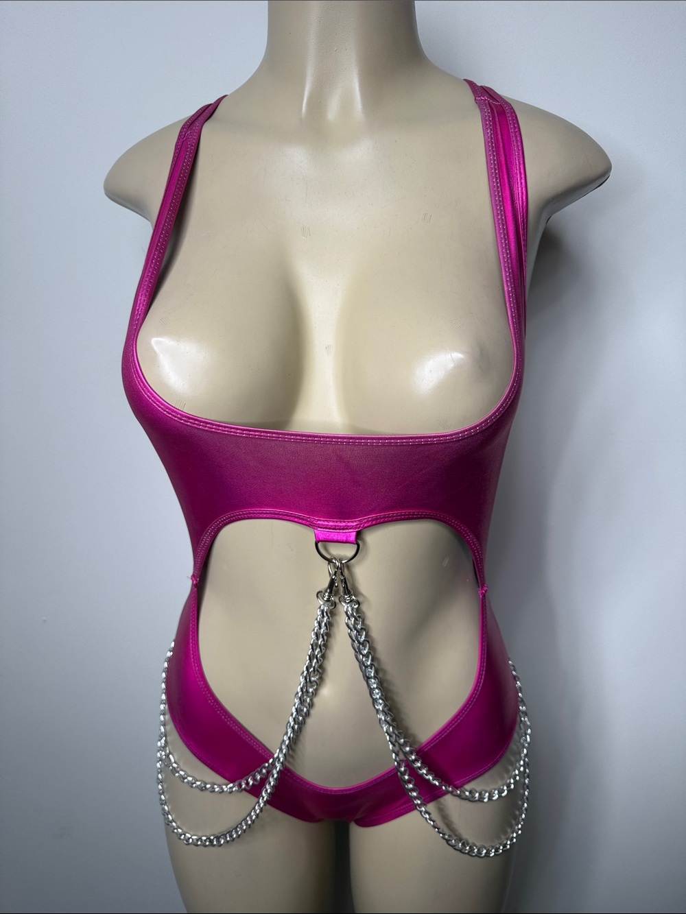 Metallic Hot Pink Chain-Accent Cutout Bodysuit